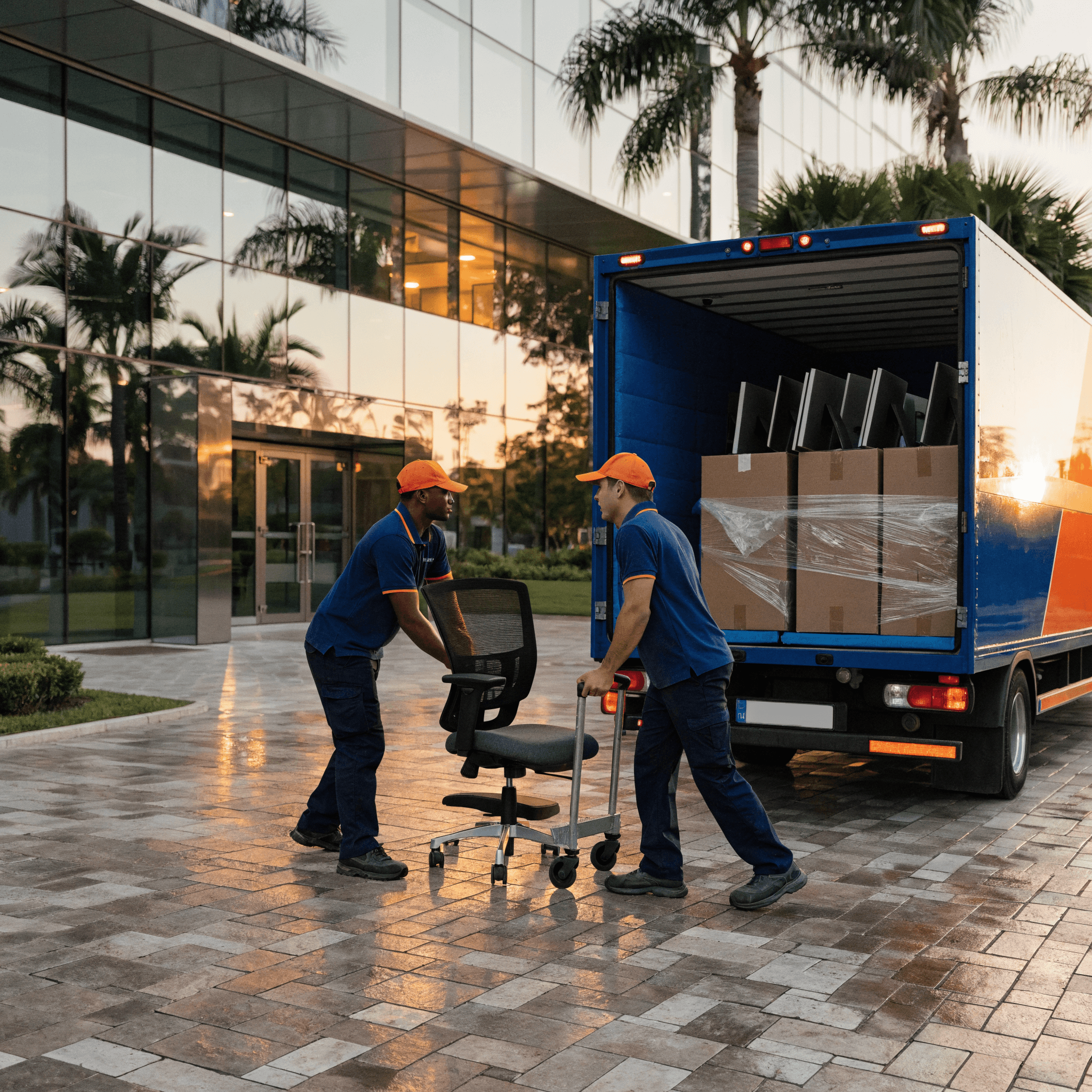 Equipe Rei das Mudanças descarregando cadeira e equipamentos em frente a prédio comercial