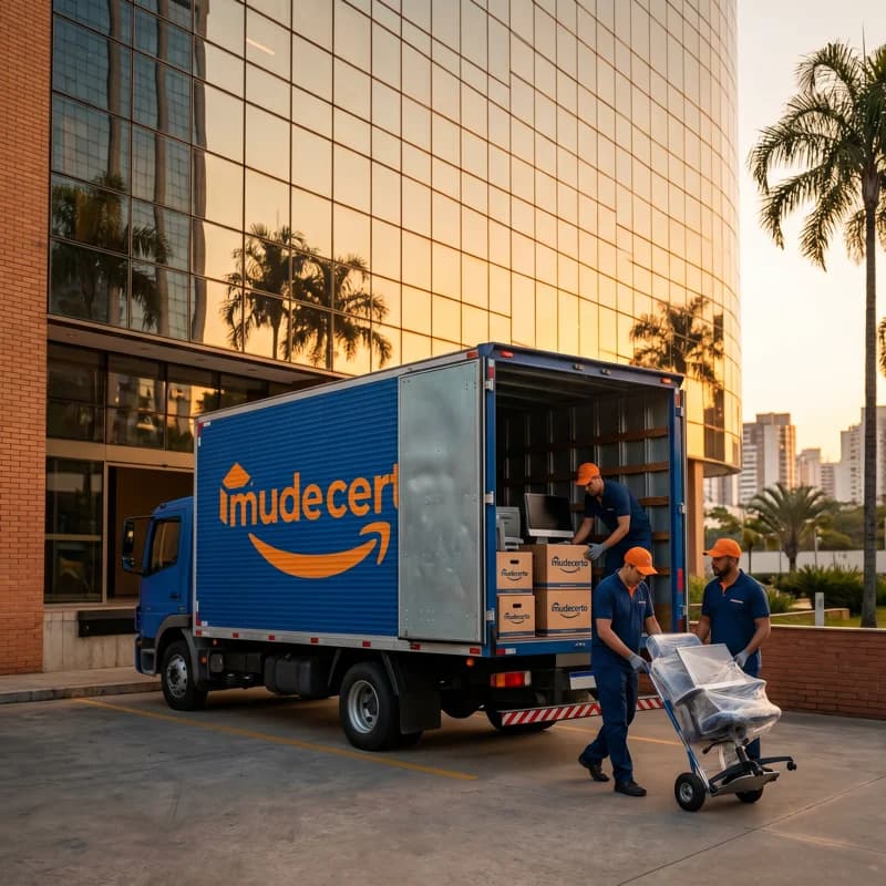 Equipe Rei das Mudanças descarregando cadeira e equipamentos em frente a prédio comercial